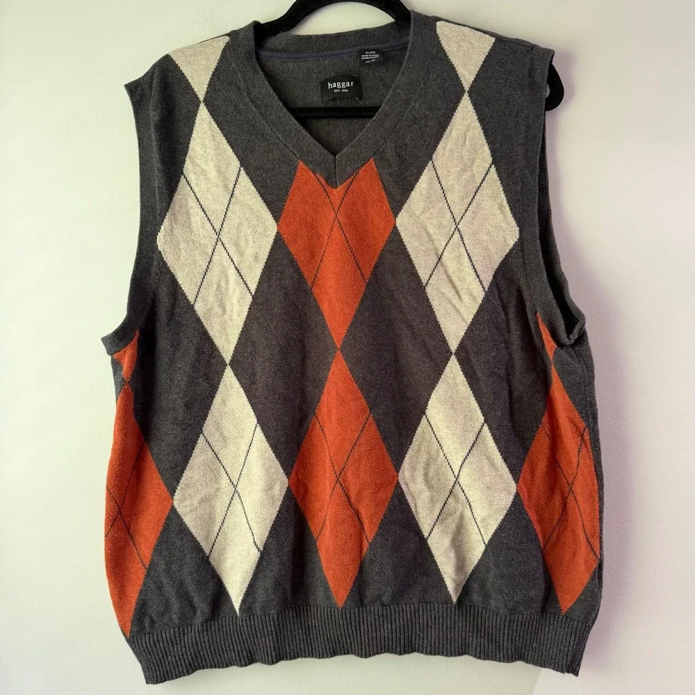 Haggar Argyle Sweater Vest Mens XL Grey Orange Cotton V-Neck Classic Knit Good